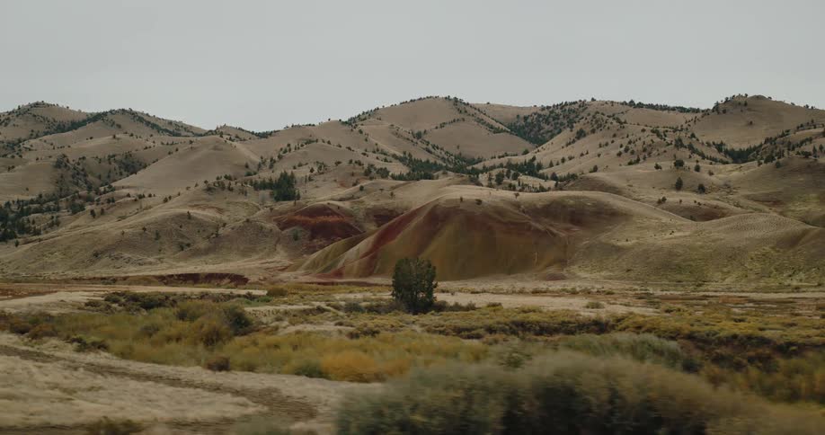 Rolling arid hills with colorful mineral deposits and sparse vegetation stretch across a vast landscape under an overcast sky