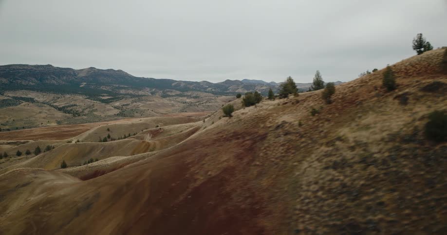 An aerial view showcases undulating arid hills with sparse vegetation and scattered trees under a bright cloudy sky