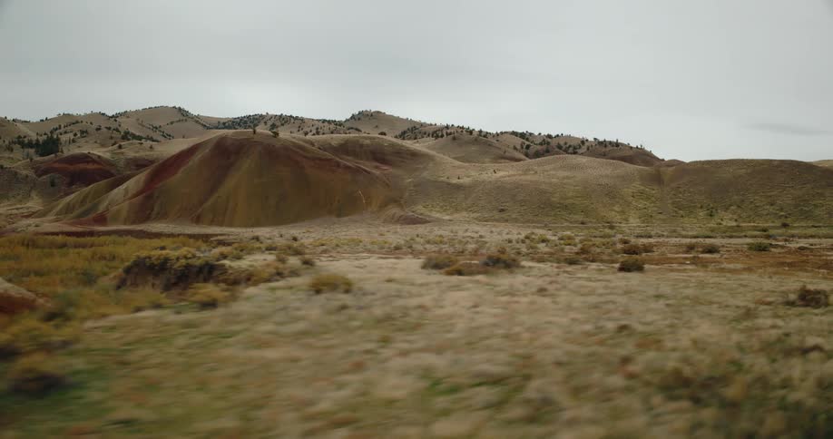 A vast arid landscape of rolling hills marked by colorful mineral deposits and sparse vegetation stretches out under an overcast sky