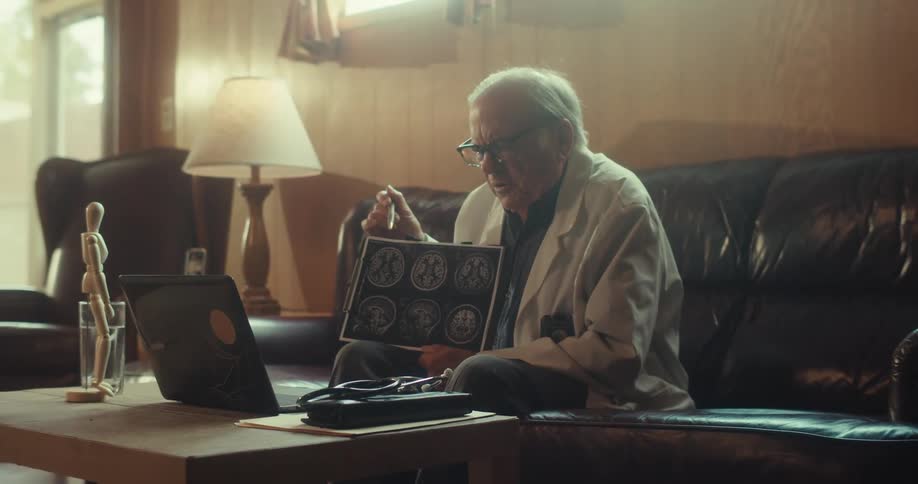 A doctor is explaining the brain scan image he is holding to someone via a laptop