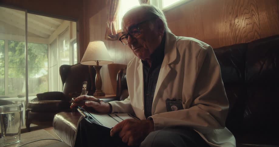 Elderly doctor smiles and writes on a clipboard while on a virtual health consultation in a living room