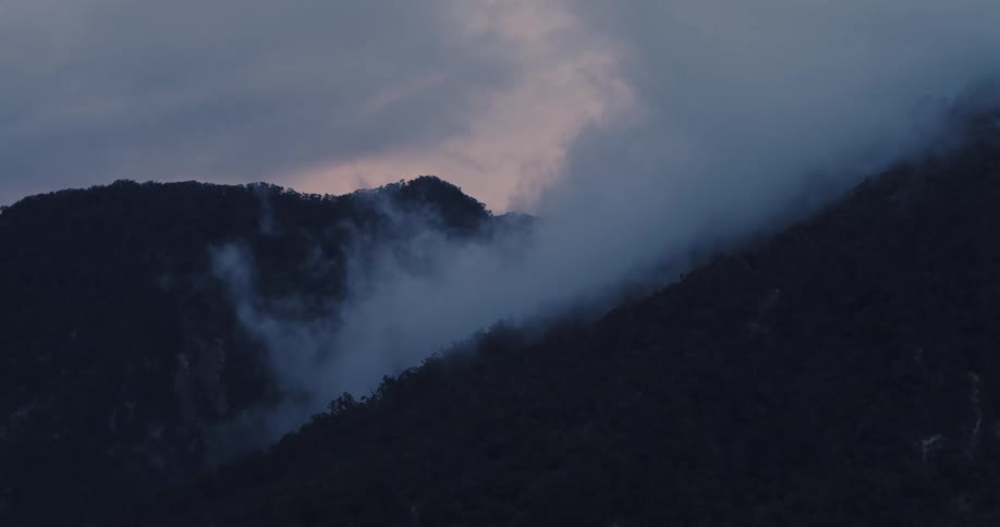 Fog moves over a mountain top hillside with a purple and pink sky on the horizon at dawn