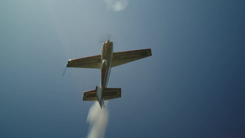 Singleengine plane traveling through the sky with radical maneuvers
