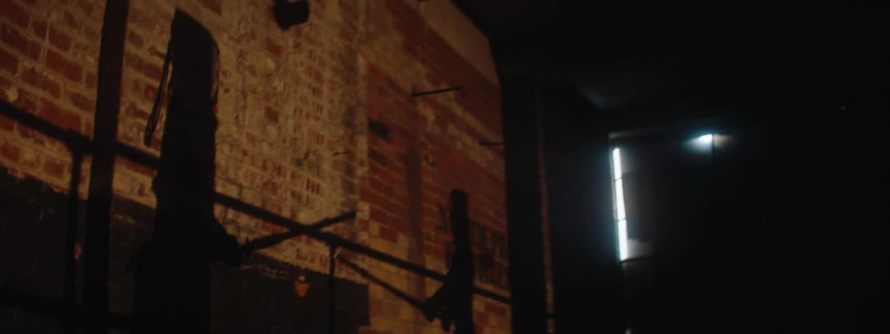 The shadow of two people sword fighting is on the wall