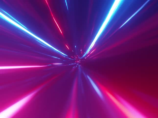A dynamic tunnel of streaking red and blue lights converges towards a central point on a dark background