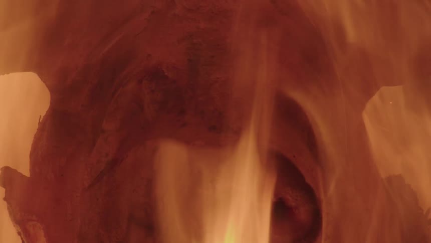 A close up of a pigs head engulfed in raging orange flames