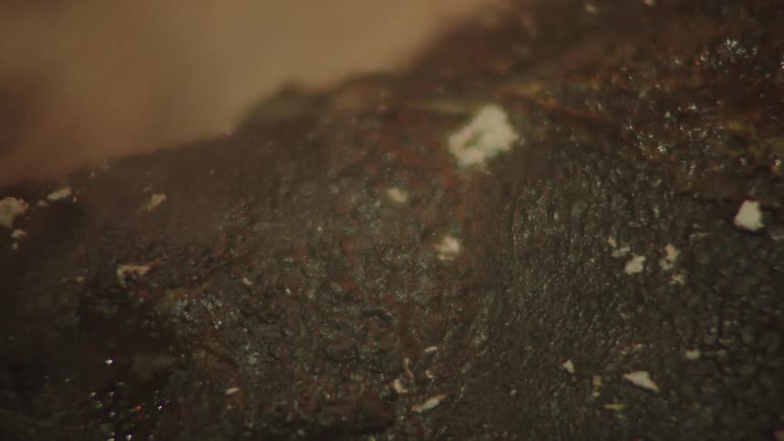 Smoke rises from the charred surface of cooked meat