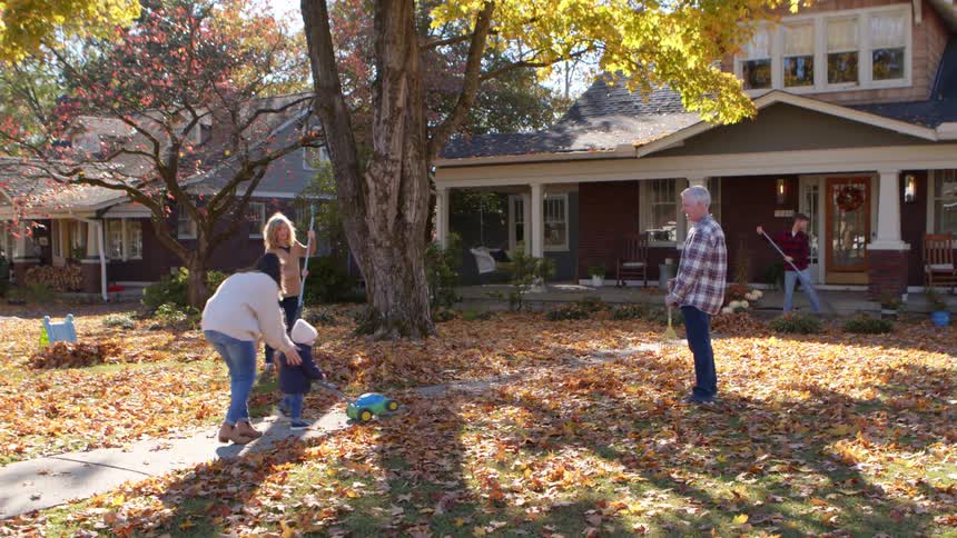 Family playing and gathered in a backyard with dry leaves