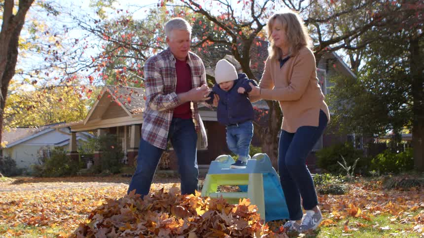 Grandparents help grandchild slide into autumn leaves in a suburban yard
