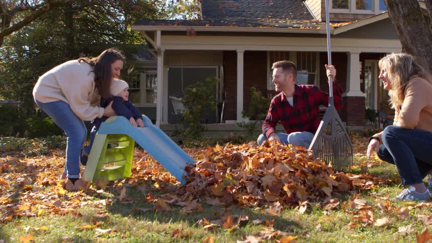 A family is playing with a toddler who is sliding into a pile of autumn leaves in a backyard