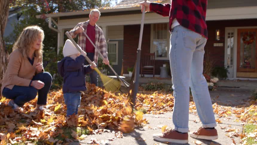 Family including a small child cleaning the yard and house with dry leaves