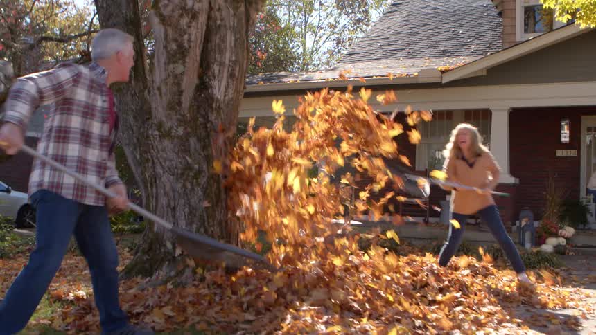 A man and woman are throwing leaves at each other with rakes