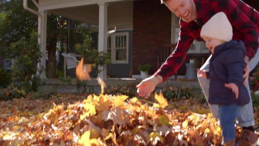 A joyful father and toddler are playing together in a pile of autumn leaves in their front yard