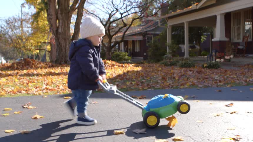 The bow is pushing the toy lawnmower