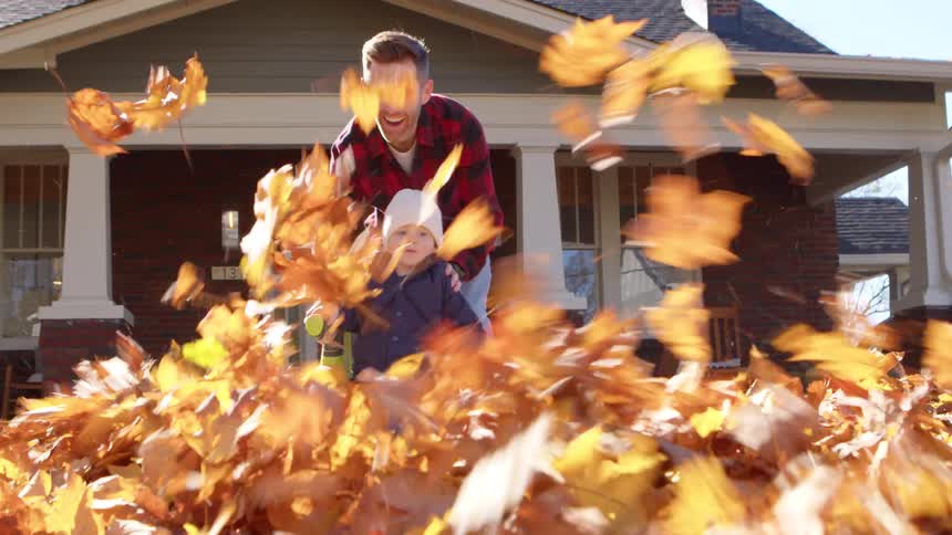 Father with his little son cleaning dry leaves from a yard