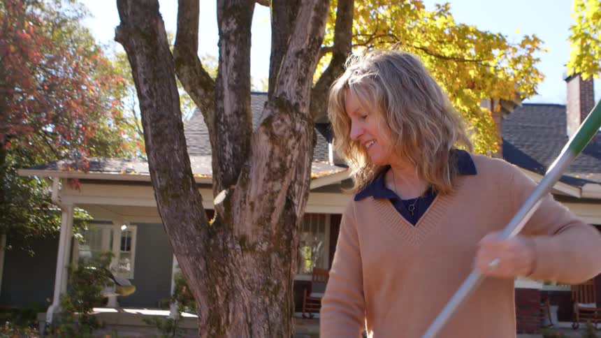 Older woman laughs and takes a brief breather while raking fallen leaves in her front yard