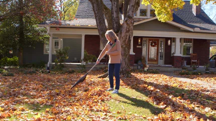 A woman clears the fallen leaves in front of a house with a rake during the day