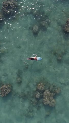Person paddling a surfboard in a crystal clear ocean
