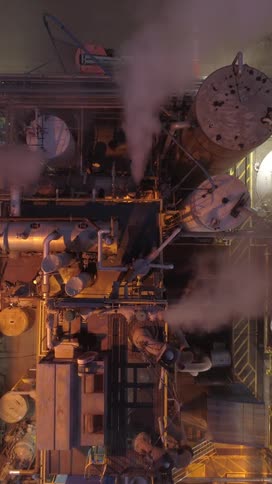 Rising smoke creates a haze around an industrial plant in the evening