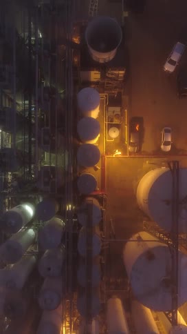 A refinery plant with a series of storage tank units is seen at night