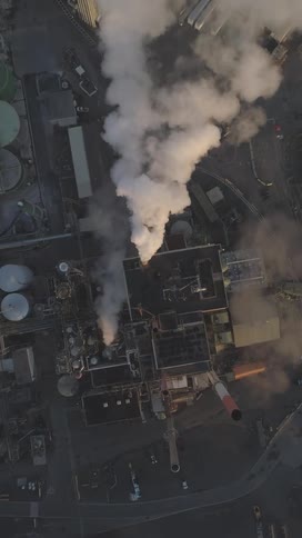 Aerial view of a factory releasing pollutants