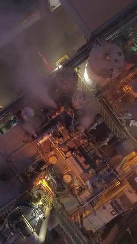 An industrial refinery lit up at night with steam rising up from horizontal pipes top viewed from an aerial perspective