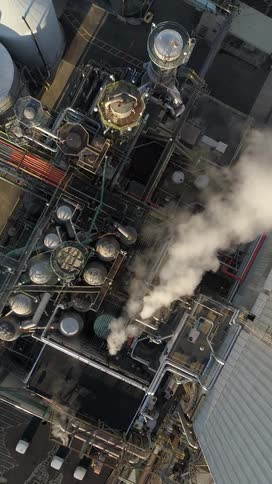 An aerial shot provides a topdown view of an industrial complex featuring numerous tanks pipelines and structures with plumes of white smoke rising from the right side