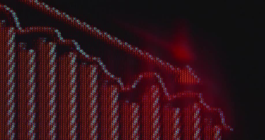 Extreme closeup of a pixelated red chart with significant downward trend highlighted by descending line and arrow as the stock market or the global economy decline and the US dollar loses value due to negative price development