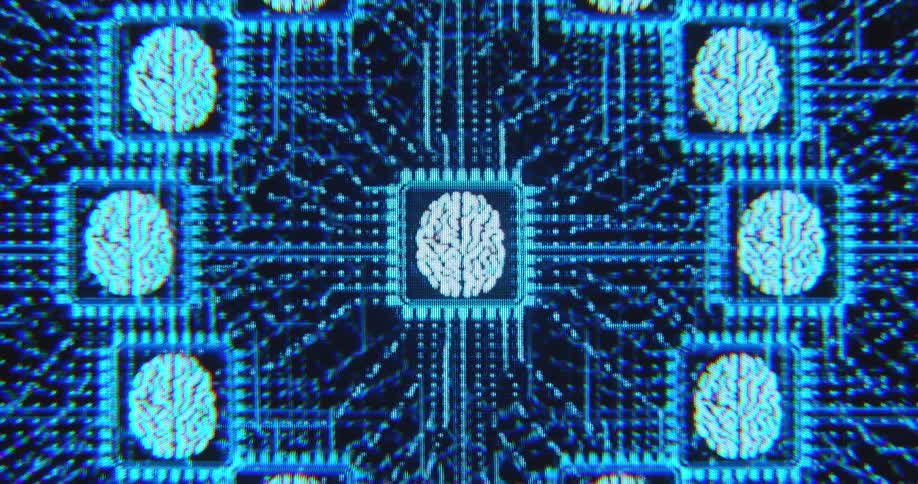 Several white human brains on computer or pc chips are connected wire countless data lines and online connections creating a global network of AI systems as symbol for interconnectivity world wide