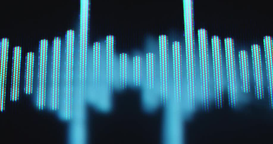 Dramatic wide upward view of a pixelated tube TV screen displaying or showing a digital equalizer with numerous glowing white vertical bars fluctuating across a black background while visualizing the sound of loud pop music