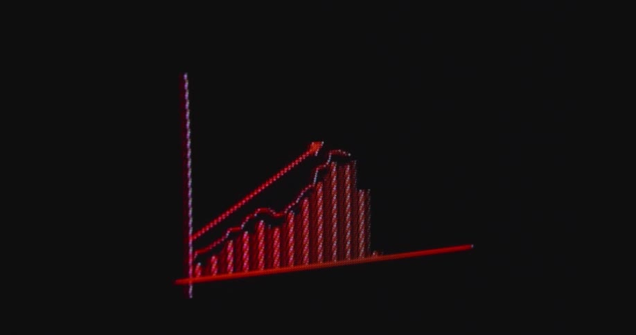 Wide angle shot of a pc screen that displays a red chart with an arrow rising from left to right while prices increase and the inflation rate keeps going up while the economy is fearing a recession as the fiat money system collapses