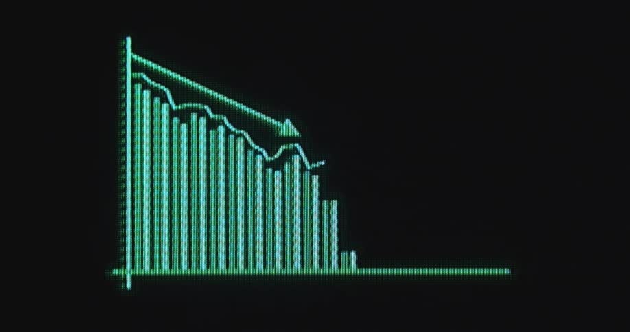 A neon green coloured sales chart or finance trading graph showing a downward trend symbolising a financial meltdown or a market crash or collapse caused by economic uncertainties and fear of global recession