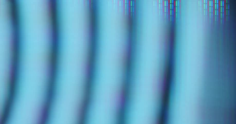 The pixels of a RGB display panel flash with white light as the bent or curved bars of sonic soundwaves or radar waves move in a dynamic way while the abstract 2D animation symbolizes data moving in the screen