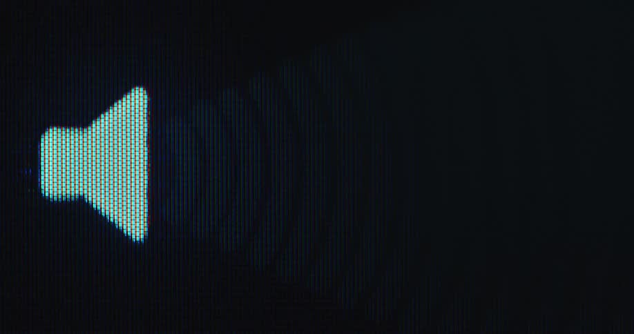 Dynamic extreme macro close-up of the RGB panel of an old computer screen displaying a sound icon or speaker symbol as the sound moves forward in a fast way in shape of many soundwaves and white bars with a beat and rhythm