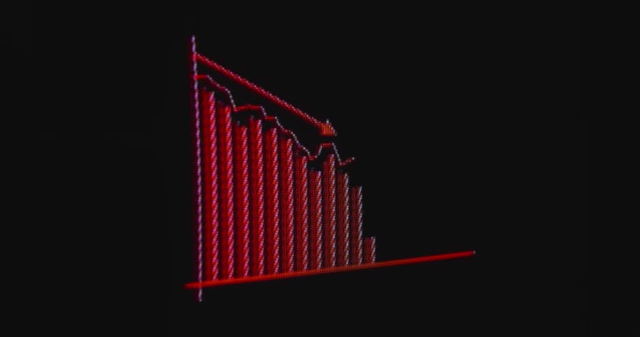 Pixelated computer screen showing animated data in red trend line graph with negative downward movement symbolizing the stock market crash from 1987 or any other financial crisis causing a meltdown of the global economy