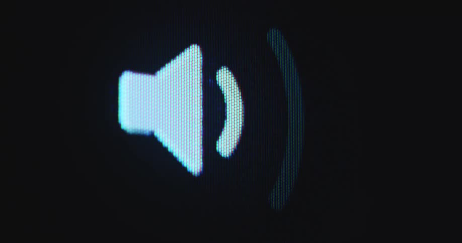 A white speaker icon animation flashes on the screen of an old pixelated tube TV or television with an RGB panel and visible pixels as the music is playing and visualized with appearing and moving soundwaves