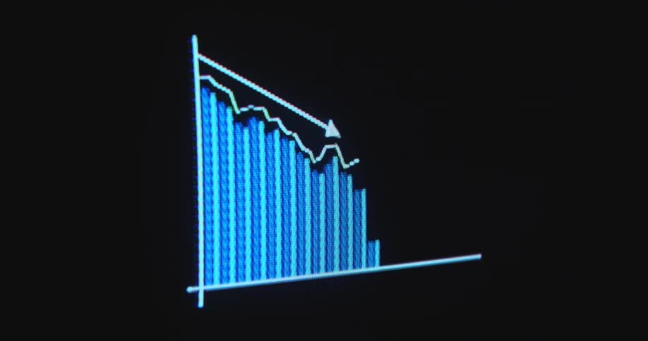 A blue arrow moves across the screen while a graph with statistic bars builds beneath it with a downward or negative trendline visualizing the lowering or sinking of costs or financial income data during a corporate presentation