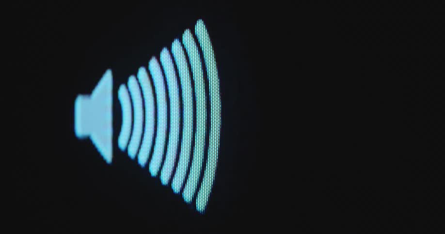 A white volume icon or loudspeaker symbol is turned up increasing the volume of the music or making the sound of a dance track or concert louder representing higher decibel on the audio level indicator