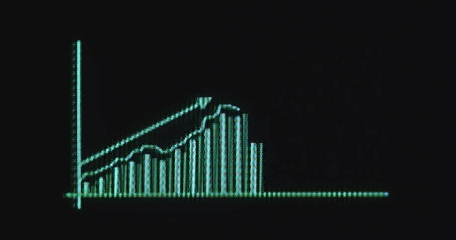 A green rising digital bar chart appears on the computer screen symbolizing financial freedom and success due to economical growth and an upward trend of the global economy and digital stock markets and crypto trading platforms