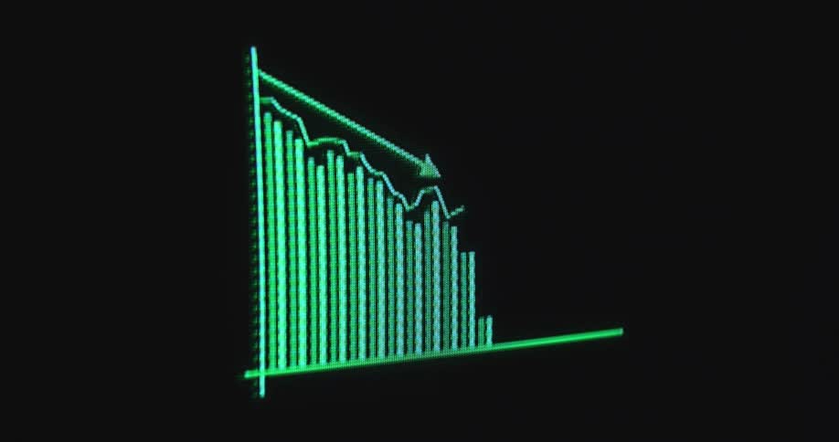 A pixelated green bar chart and line graph on a black screen animates to show a significant downward trend emphasized by a descending arrow as symbol for a stock market crash due to global economic uncertainties