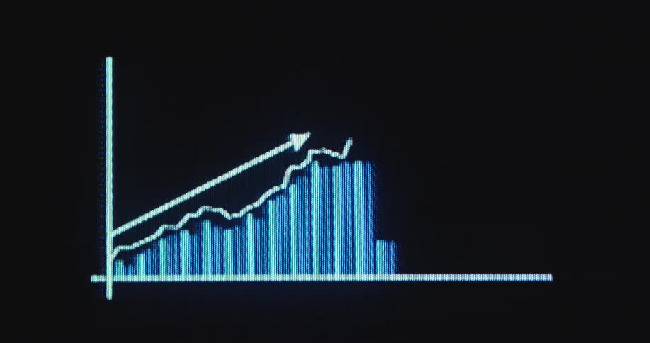 A blue and white graph or chart animation presents successful business data and a growing economy as the arrow moves upward with a positive price development due to healthy financial markets