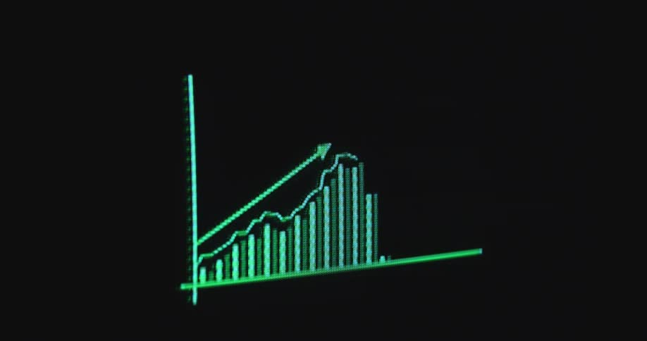 Computer broker screen displaying a green rising graph animation or trading chart visualizing constantly increasing ETF or Exchange Traded Fund prices such as the MSCI World DAX Dow Jones or S&P 500