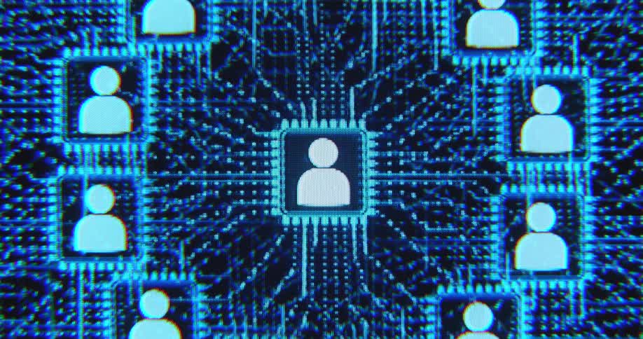 Futuristic blue animation of connected users of online games or social media platforms interacting digitally via an exchange and constant flow of data and information symbolizing communication and interconnectivity in the digital era