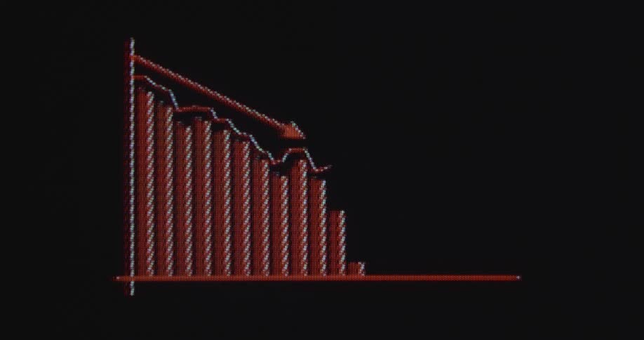 Glowing red bar graph with a declining line arrow is displayed on dark background while the financial trading chart is crashing and the market is in a negative down trend causing critical stress and economic downturn with red figures