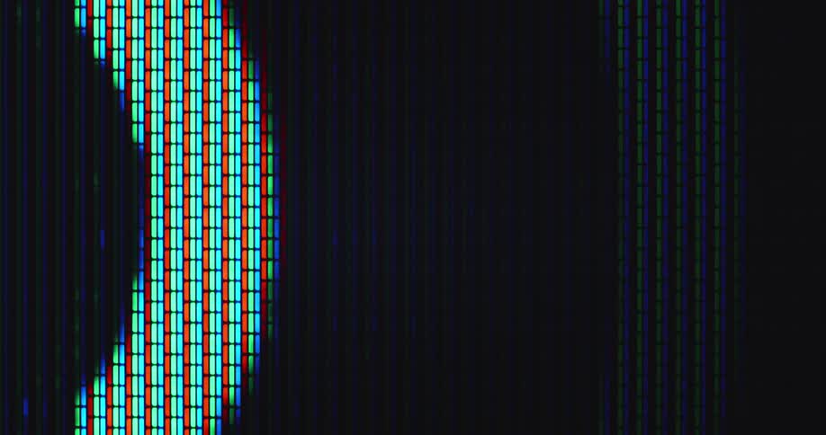 White lights passing through the pixels of a vintage RGB screen or computer display while the abstract 2D animation symbolizes sonic soundwaves or radar waves of navigation technology on black background