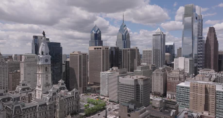 Panorama of Philadelphia  with modern skyscrapers on a partly cloudy day