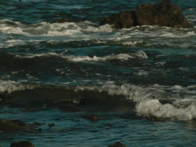 Small waves move over the rocks on the shore