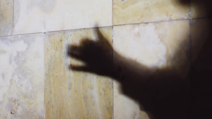 Silhouette of a persons hand on a wall as they play with their fingers in the air