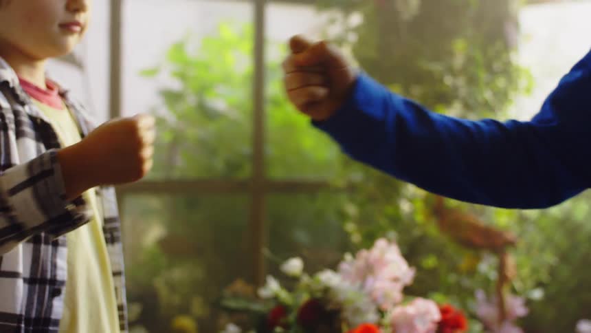 Two friends fist bump and shake hands