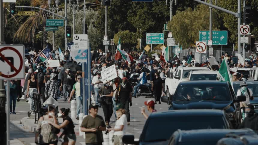 Crowd of protesters walking through the streets